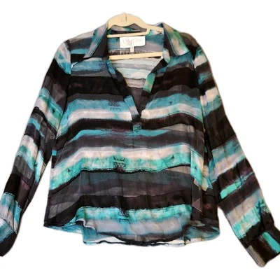 Женская шелковая блузка Rory Beca с длинным рукавом и воротником с частичным прозрачным вырезом синяя размер M - Изображение 1 из 4