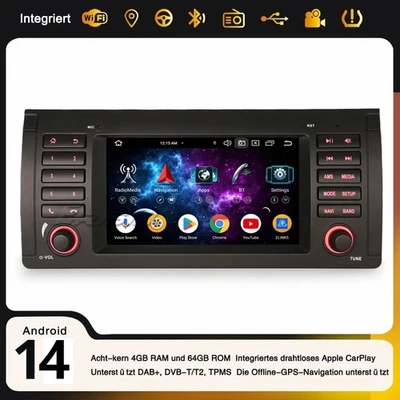 64GB 8 Kern Android 14 DAB+ Autoradio BMW X5 E53 Navi Carplay 4G DSP Wifi BT 5.0 - Bild 1 von 4