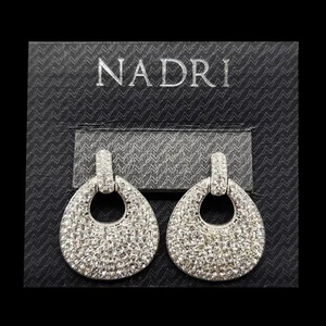 Nadri Door Knocker Drop Earrings Rhodium Pave CZ Encrusted Cluster Dangle NEW - Picture 1 of 7