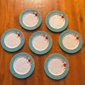 Lenox Simply Fine Bone China Chirp Dessert Bread Pie Plates Teal Floral Set Of 7 - Picture 1 of 7