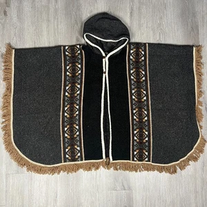 VINTAGE Handicrafts Sisandina Wool Poncho Hood Womens Aztec Western Grey - Picture 1 of 5