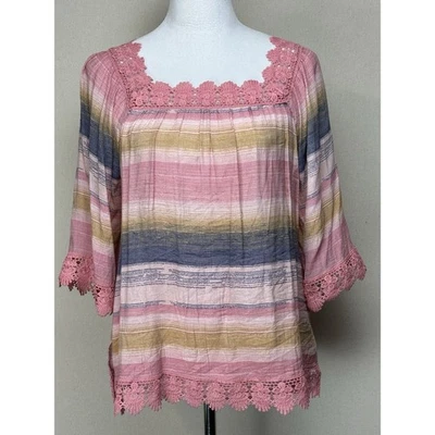 Zac & Rachel Sz Small Multi-Colored 3/4 Sleeve Lace Trimmed Top Feminine Boho - Image 1 of 4