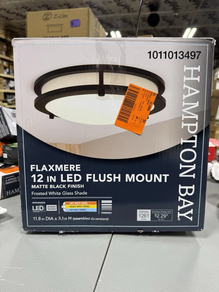 Hampton Bay LED Ceiling Light 12" Flaxmere 3 CCT Flush Mount Black Modern - Image 1 of 1