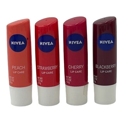 Juego de 4 piezas de cuidado de labios Nivea hidratos tintados melocotón fresa cereza mora Foto 1 de 4