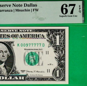 $1 Federal Reserve note FANCY LOW SERIAL Number 00977777 PMG 67 - Picture 1 of 3