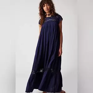 Free People Blue Short Sleeve Maxi Dress Size L New - Picture 1 of 5