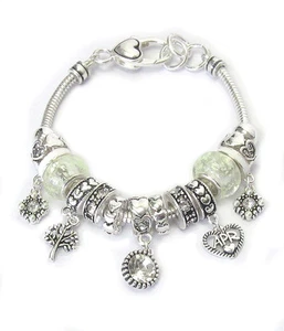 GEBURTSSTEIN APRIL Euro-Stil Lampwork Perlen weiß/klar Strass Bettelarmband - Bild 1 von 1