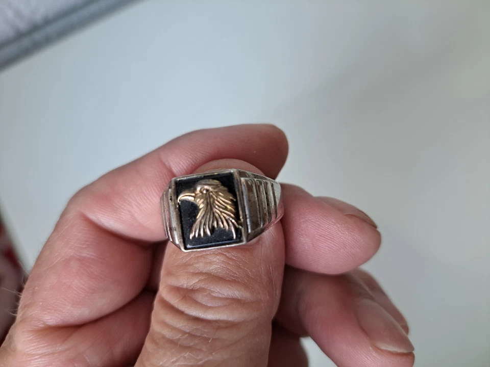 Hermoso Anillo De Vejez, 925 Plata Con Ónix, Talla 68, Ave (Águila) - Imagen 1 de 4