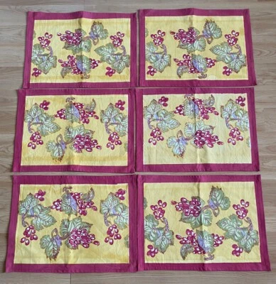 Set Of 6 Couleur Nature Linen Placemats Grapes Leaves Burgundy Yellow 15x18 - Image 1 of 4