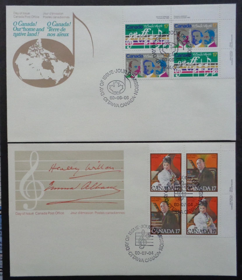 CANADA	#857-858 & #860-861 FDCs UR plate blocks 1980 music & musicians sets - Image 1 of 1