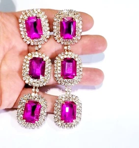 CLIP On Drop Dangle Chandelier Earrings 3.9 inch Pink Rhinestone Pageant Prom - Picture 1 of 17