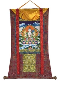 AVALOKITESHVARA CHENREZIG ORIGINAL TIBETISCHES THANGKA GEMÄLDE MIT SEIDENBROKAT - Bild 1 von 11