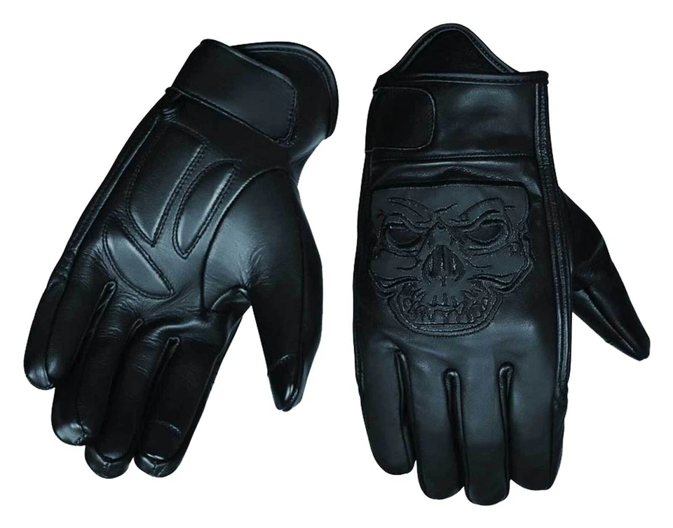 UNIK Men's Embroidered Skull Full-Finger Cowhide Leather Motorcycle Gloves - Image 1 of 1
