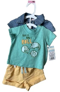 NWT Cat & Jack NB Baby 3 Piece Set Denim Green Orange This Is How I Roll Newborn - Picture 1 of 5