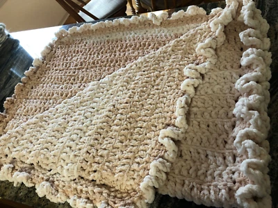 Handmade Crocheted Baby Afghan/Blanket/Play Mat Pad. Off White & Rose. 30” x 43” - Image 1 of 4