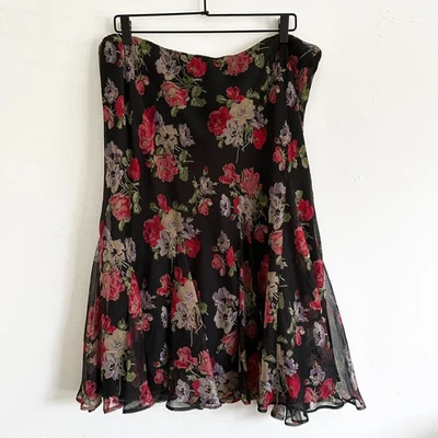 Falda Midi Lauren Ralph Lauren Negra Floral Gasa XL Romántica Vintage Boho Foto 1 de 4