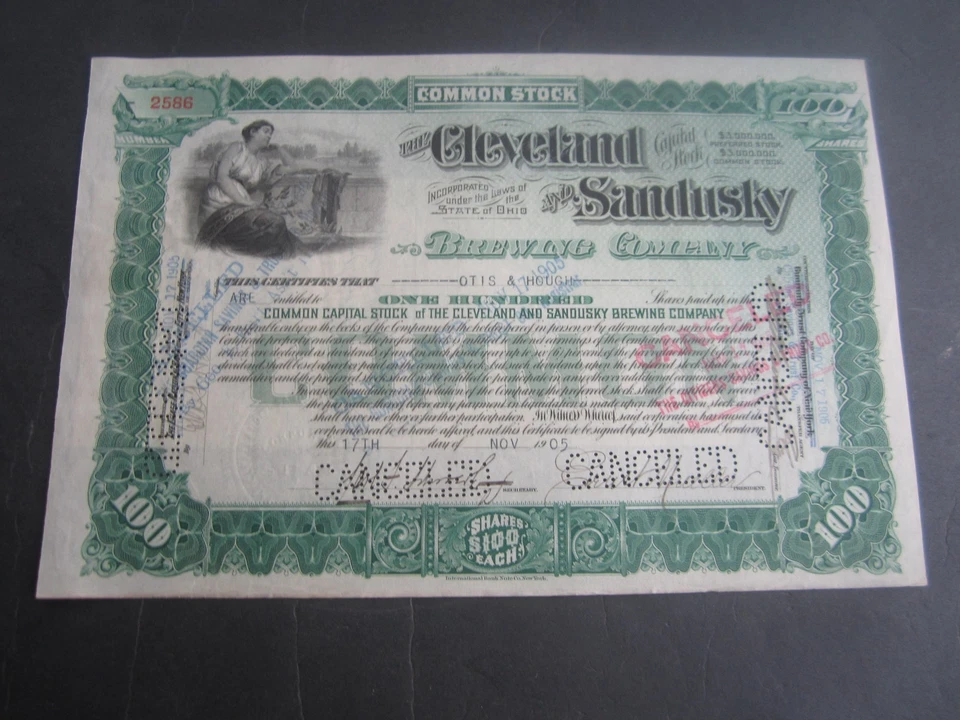 1905 - The CLEVELAND and SANDUSKY BREWING Co. - Stock Certificate - OHIO - BEER - Image 1 of 1
