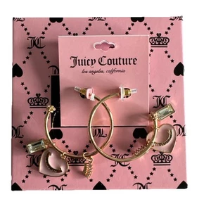 Juicy Couture Large Big Hoops Earrings Pink Enamel Heart Charm Logo Crown - Picture 1 of 9
