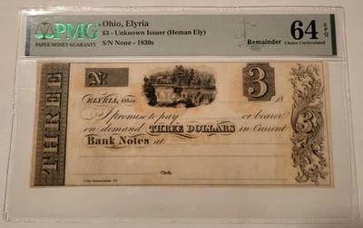 Ohio - Elyria (Heman Ely) años 1830 $3 billete restante Ch Unc 64 EPQ PMG Foto 1 de 3