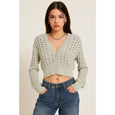 Forever 21 Sage Green Open-Knit Cropped Cardigan Size M Y2K Preppy Twee Feminine - Image 1 of 4