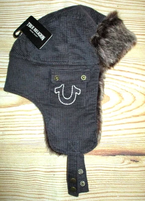 MENS TRUE RELIGION CORDUROY FAUX FUR LINED TRAPPER HAT CHARCOAL GRAY CAP - Image 1 of 2