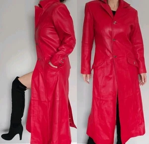 Trench coat largo vintage años 90 lápiz labial rojo cuero genuino mujer fatal ML excelente - Imagen 1 de 19