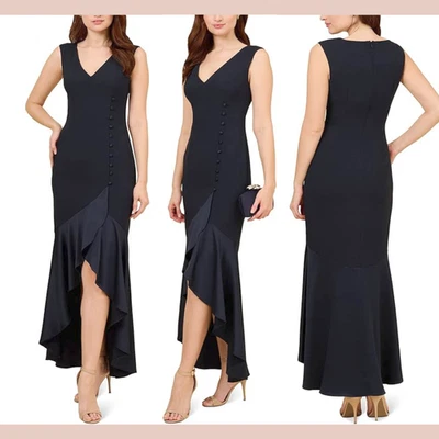 Nuevo con etiquetas Vestido Adrianna Papell [16] Satinado Crepé Botón Alto Lo Volantes en Azul S2069 Foto 1 de 4
