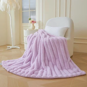 Flauschige Kunst Kaninchenfell Bettdecke, weiche breite Streifen Plüsch Flauschig Überwurf für Co... - Bild 1 von 6