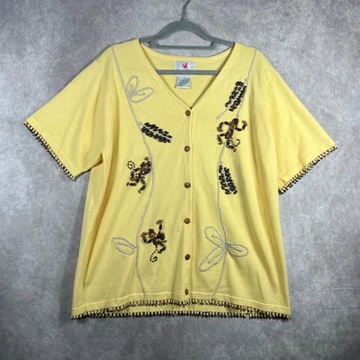 Quacker Factory Cardigan Sweater Womens XL Yellow Knit Beaded Short Sleeve Artsy - Image 1 of 4