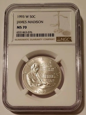 NGC 1993 W James Madison Bill of Rights Commemorative Silver Half Dollar MS70 - Image 1 of 2