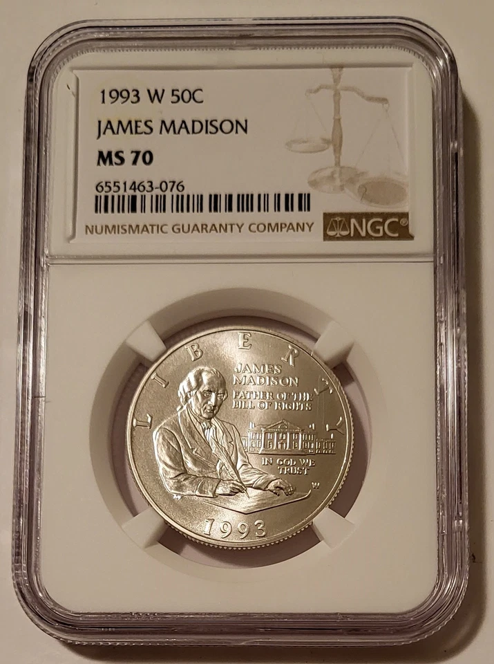 NGC 1993 W James Madison Bill of Rights Commemorative Silver Half Dollar MS70 - Image 1 of 2