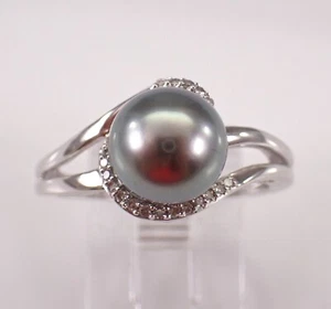 14K White Gold and Black Pearl Engagement Ring June Birthstone Jewelry Gift - Picture 1 of 7