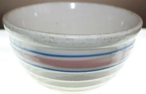 Vintage Stoneware 7 1/2" x 3 1/2" Bowl Blue & Tan Stripes on Cream - Picture 1 of 3