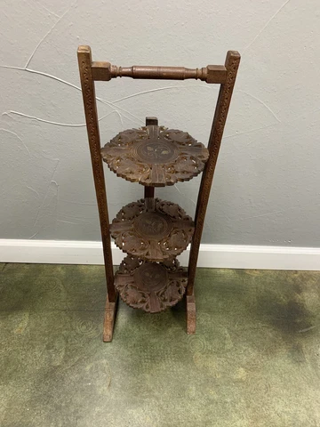 ANTIQUE VINTAGE CARVED WOOD 3 TIER FOLDING CAKE TEA DISPLAY PLANT STAND 1900’s Cover