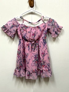 Pink Violet Little Girl Dress Size XS 4/5 Cold shoulder Floral Ruffly, Waist bow - Picture 1 of 15
