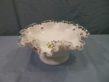 Fenton Hand Painted Milk Glass Silver Crest Violets in the Snow Footed Bowl INV2