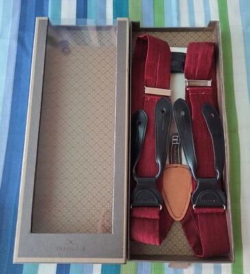 Suspensórios masculinos ajustáveis Trafalgar alças borgonha couro prata hardware - Imagem 1 de 4