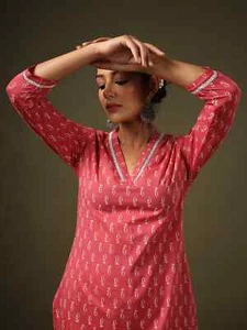 Indian Women Cotton Pink Ethnic Motifs Printed Kurta Kurti Top Tunic New Dress - Picture 1 of 6