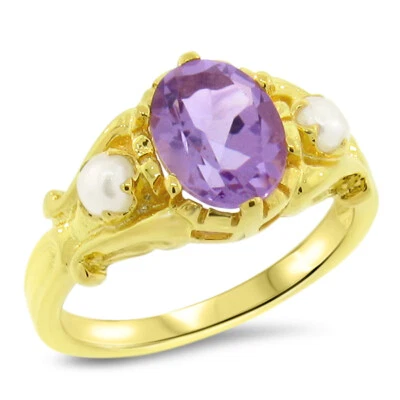 ANILLO ESTILO ANTIGUO CHAPADO EN ORO 24K PLATA 925 AMATISTA Y PERLA GENUINA 1027z Foto 1 de 3