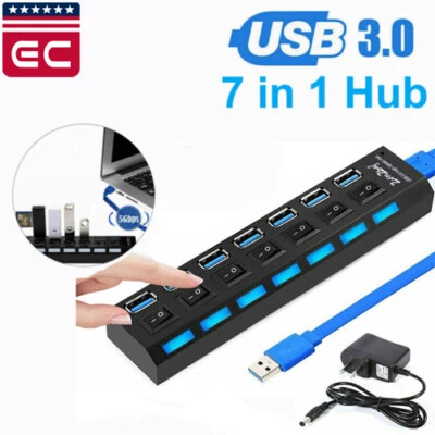 USB 3.0 Hub 7 Port On/Off Switch High Speed Splitter AC Adapter Cable PC Laptop - Image 1 of 4