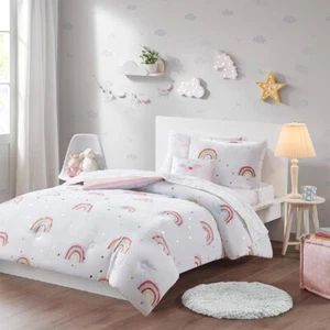 Comforter Set Twin White Pink Metallic Rainbow Unicorn Stars 6 Piece For Girl - Picture 1 of 8