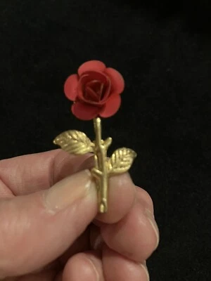 Vintage Brooch / Pin Matte Small Red Rose Flower with Gold Metal Stem  1 5/8” - Image 1 of 4
