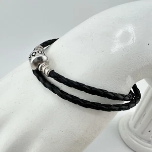 Pandora 925 Sterling Silver Black Braided Leather Wrap Charm 13.5” Bracelet - Picture 1 of 8