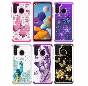 For Samsung Galaxy A21 - Hard Hybrid Armor Impact Diamond Bling Phone Case Cover - Picture 1 of 18