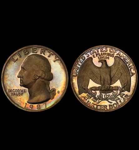 PR69DCAM 1987-S 25C Washington Proof Quarter, PCGS Secure- Vivid Rainbow Toned Cover