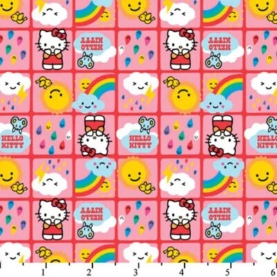 BTY Hello Kitty Rainbow Cloud Yellow Bird Block Print Cotton Fabric By The Yard - Image 1 of 2