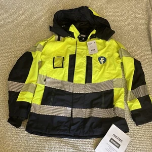 Women's Facebook Kansas Workwear Rain Gear High Vis Jacket Fristads Yellow Navy - Picture 1 of 12