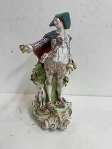 Vintage Antique French Porcelain Figurine of Man w/ Flowers & Dog - Picture 1 of 19
