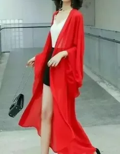 Women's Red Kimono Sleeve Sheer Chiffon Kimono Cardigan Long Maxi Duster Red 1XL - Picture 1 of 3
