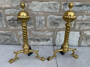 Antique Vintage Brass Acorn Claw & Ball Barely Twist Fireplace Andirons 21X13x6" - Picture 1 of 9